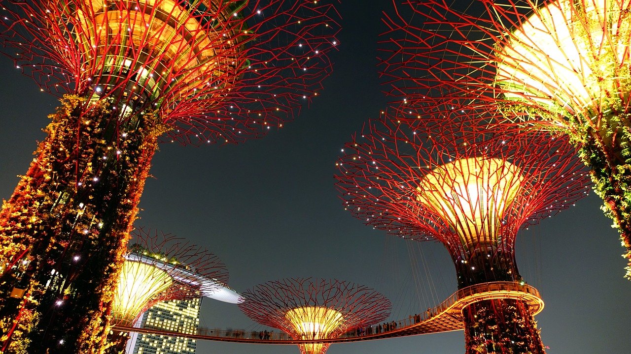 Vue nocturne des Jardins de la Baie à Singapour, illuminés avec les supertrees scintillants et l'horizon urbain en arrière-plan