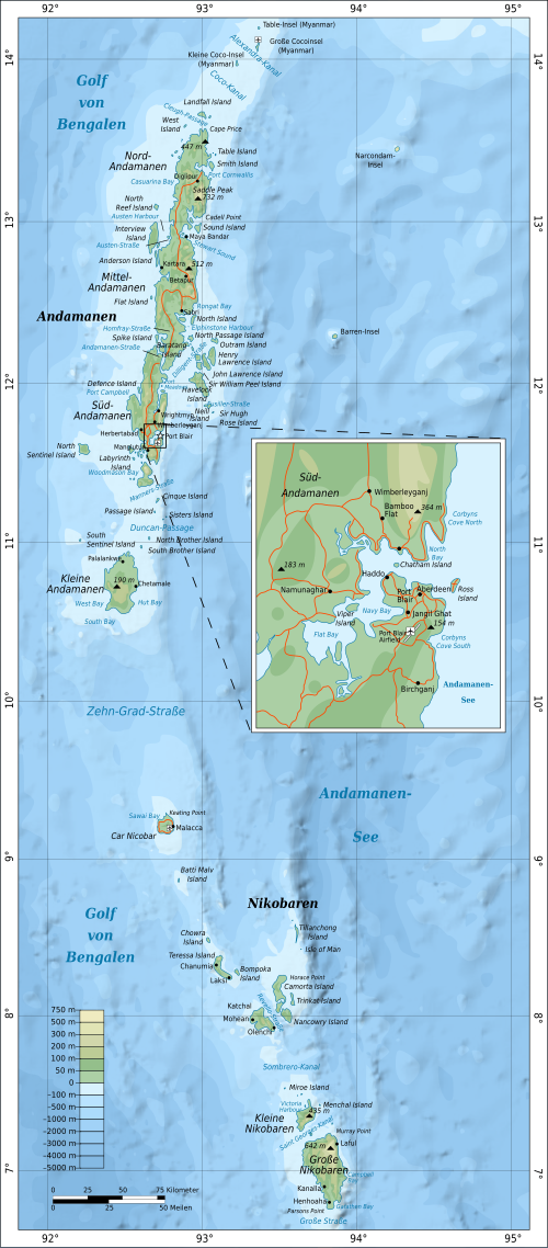 Carte des îles Andaman-et-Nicobar, incluant North Sentinel Island