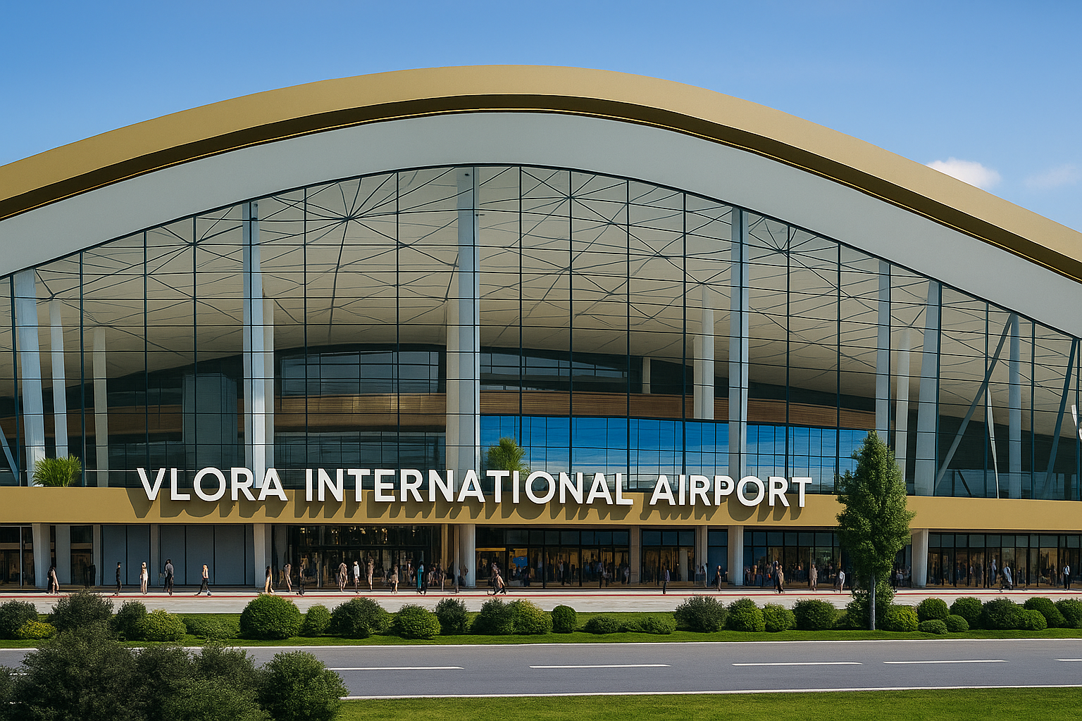 Vlora International Airport Façade moderne du futur aéroport international de Vlorë en Albanie, avec une architecture en verre et un toit incurvé doré