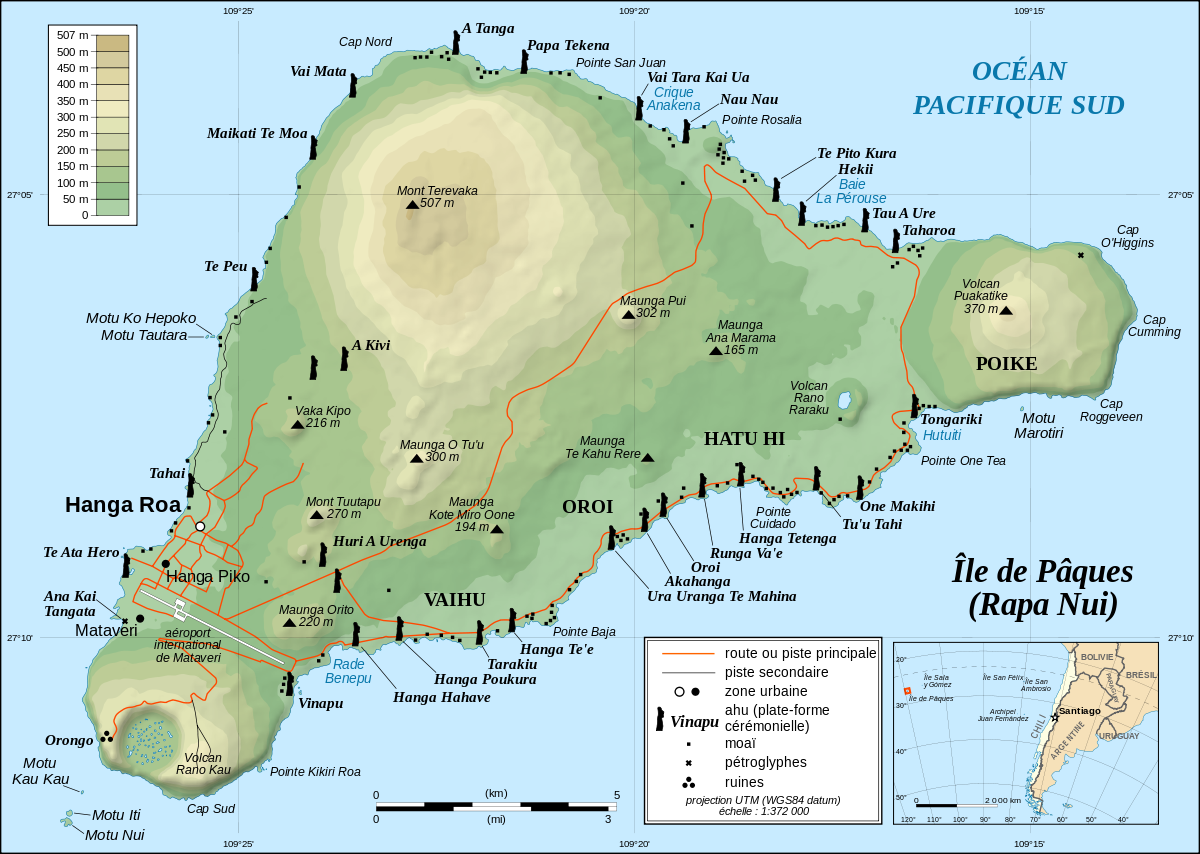 Carte topographique de l’île de Pâques (Rapa Nui), Chili